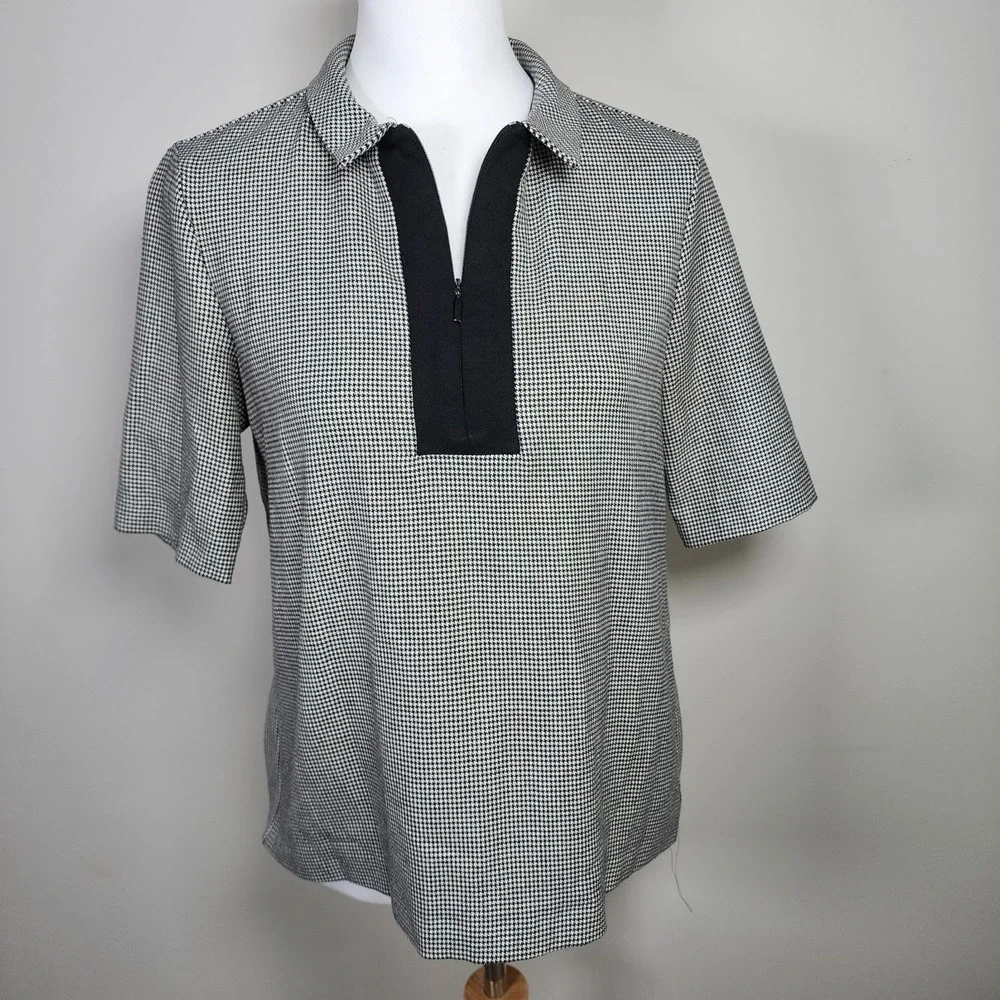 Zara Houndstooth Top Blouse Womens XS Black White Collared 1/4 Zip Preppy Office - Picture 1 of 12